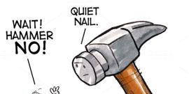 Hammer preparing to pound in a screw.
